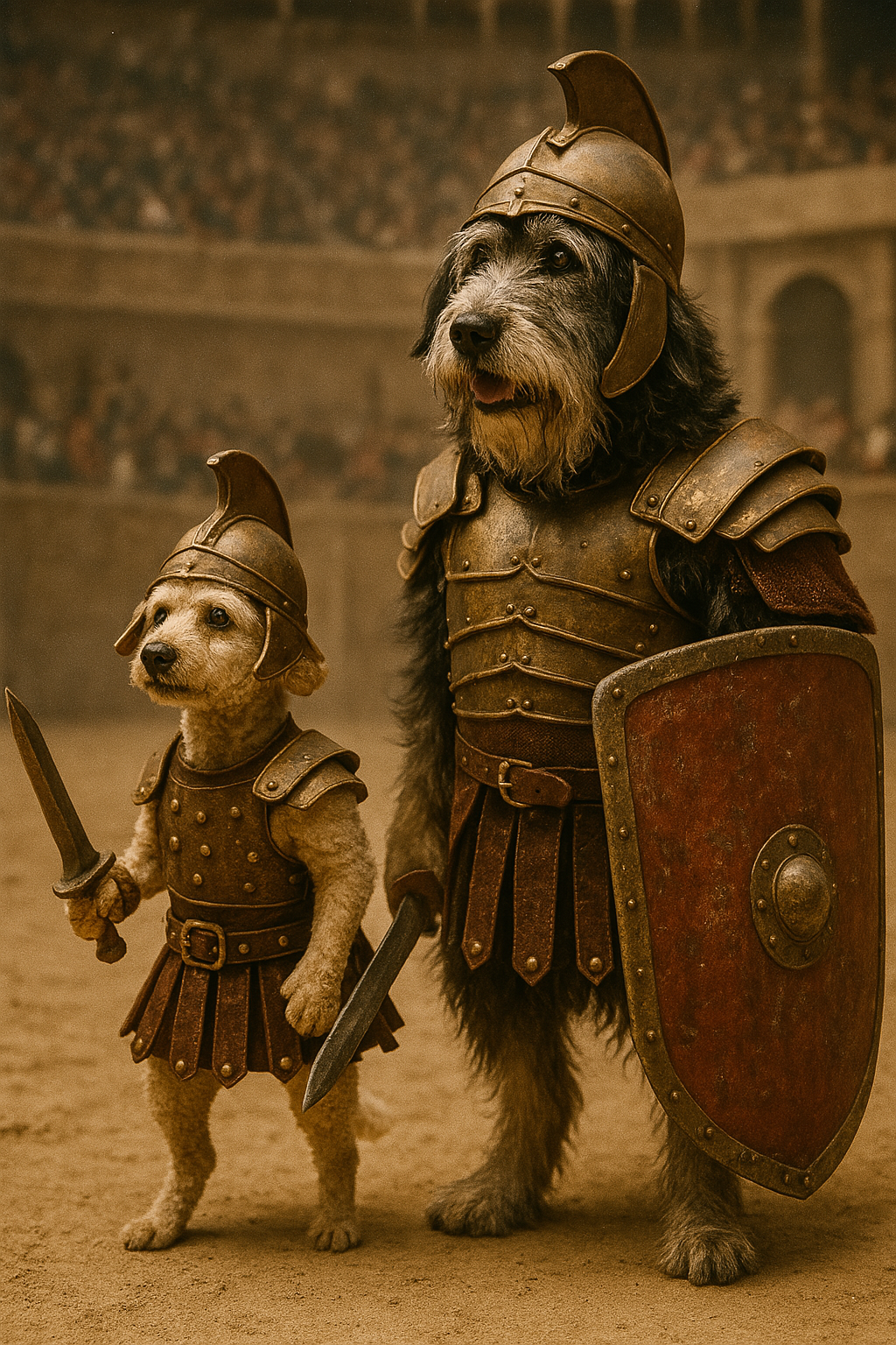 Alfred and Hudson as Roman gladiators