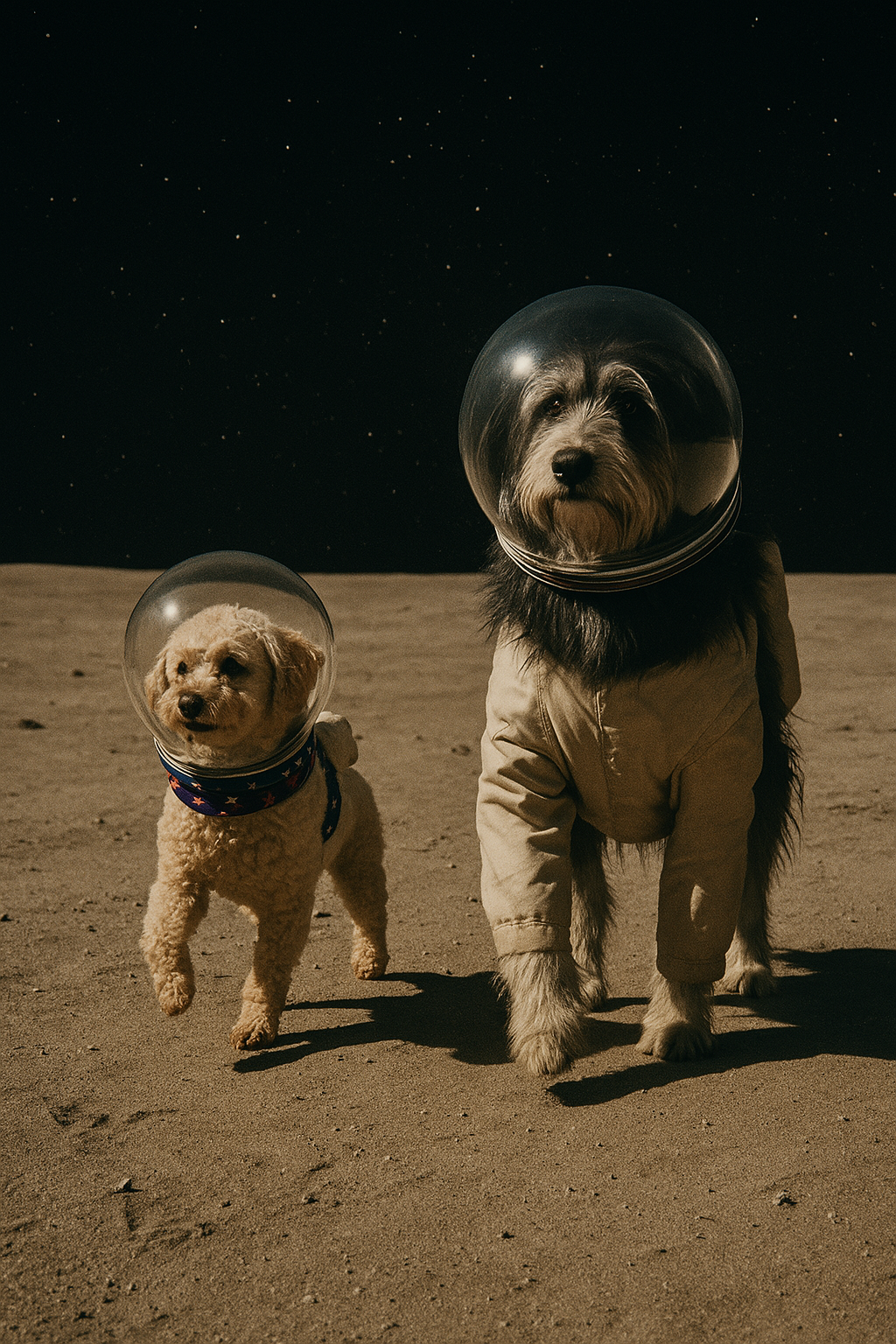 Alfred and Hudson as astronauts on the moon